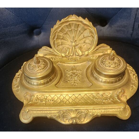 Unbranded Other - Ant Brass Double Inkwell Rococo Victorian Ornate Shell & Scroll Design Marked